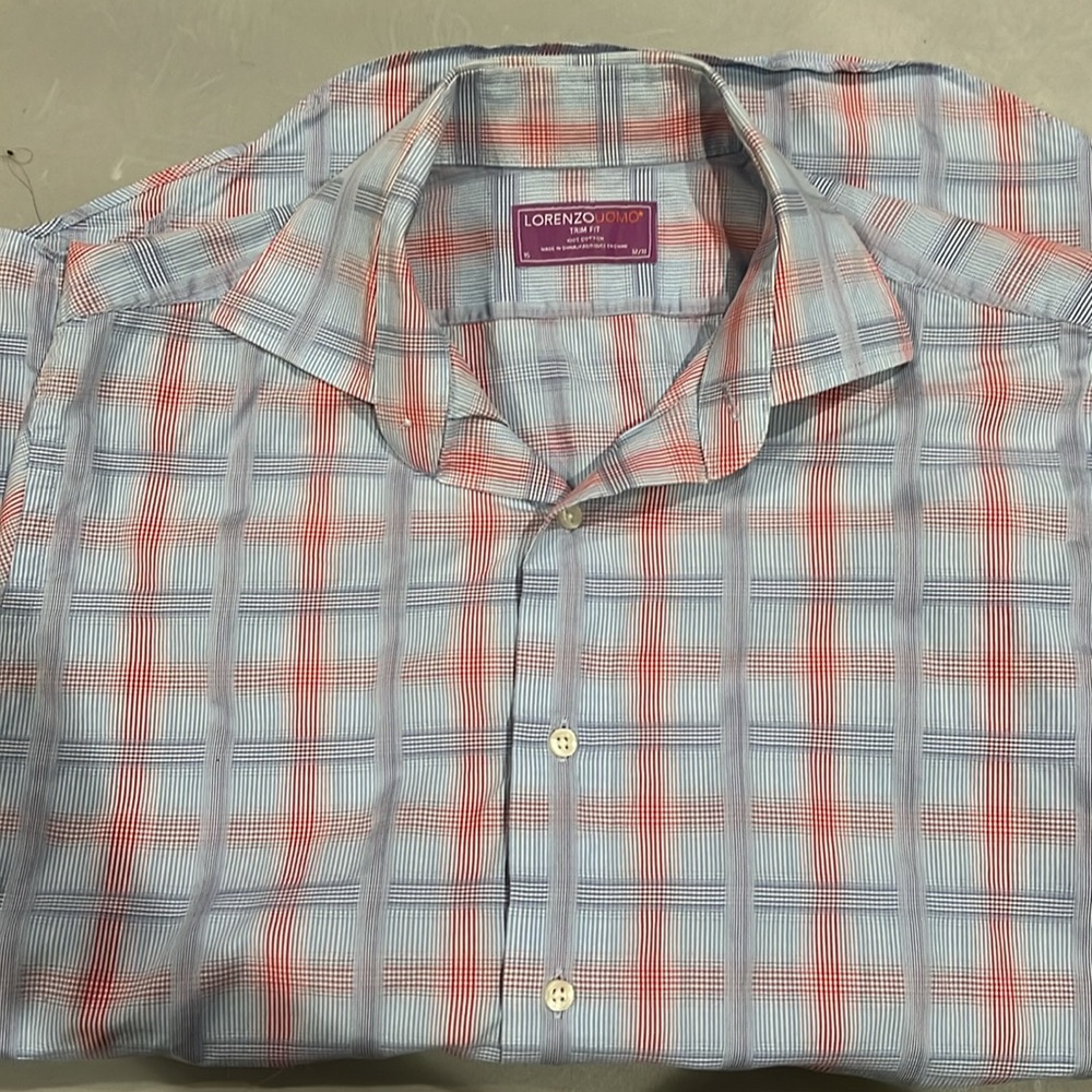 Lorenzo Uomo Trim Fit Mens Dress Shirt 32/33 100% cotton light blue striped